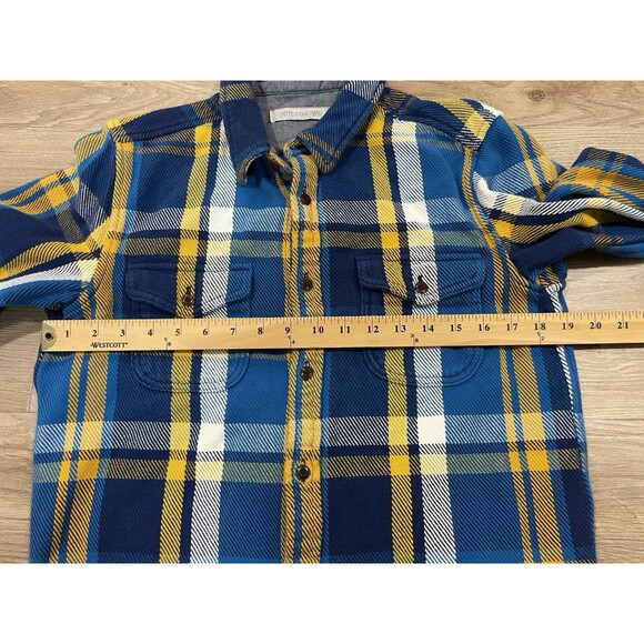 Outerknown Blanket Shirt Jacket Button Up Flannel Blue Yellow Plaid Men's Small - Picture 5 of 8